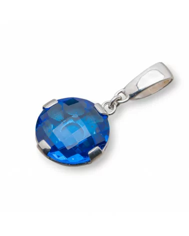 Ciondolo Pendente Di Argento 925 Tondo Piatto Con Cubic Zirconia Blu 18x35mm-ARGENTO 925 DESIGN ITALY | Worldofjewel.com