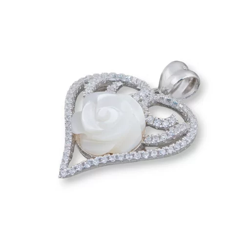 Ciondolo Pendente Di Argento 925 Cuore Con Zirconi E Madreperla Fiore 21x28mm-ARGENTO 925 DESIGN ITALY | Worldofjewel.com