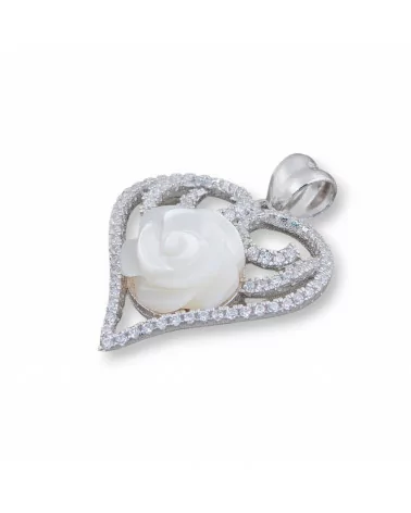 Ciondolo Pendente Di Argento 925 Cuore Con Zirconi E Madreperla Fiore 21x28mm-ARGENTO 925 DESIGN ITALY | Worldofjewel.com