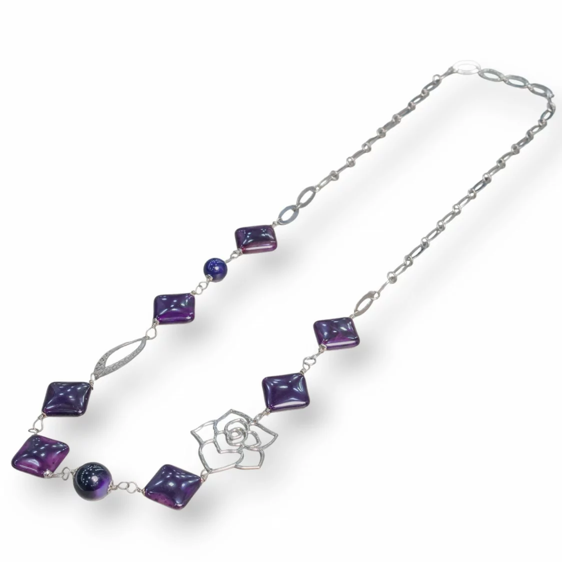 Collana Di Agata Viola Fantasia Con Catena Ovale E Componenti Di Ottone 84cm-OFFERTE COLLANE | Worldofjewel.com