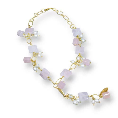 Collana Di Argento 925 Con Catena Placcato Oro Di Quarzo Rosa Forme E Perle Di Fiume 43,5cm Con Pendente 10cm-COLLANE DI ARGENTO 925 | Worldofjewel.com