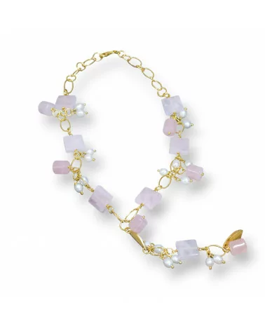 Collana Di Argento 925 Con Catena Placcato Oro Di Quarzo Rosa Forme E Perle Di Fiume 43,5cm Con Pendente 10cm-COLLANE DI ARGENTO 925 | Worldofjewel.com