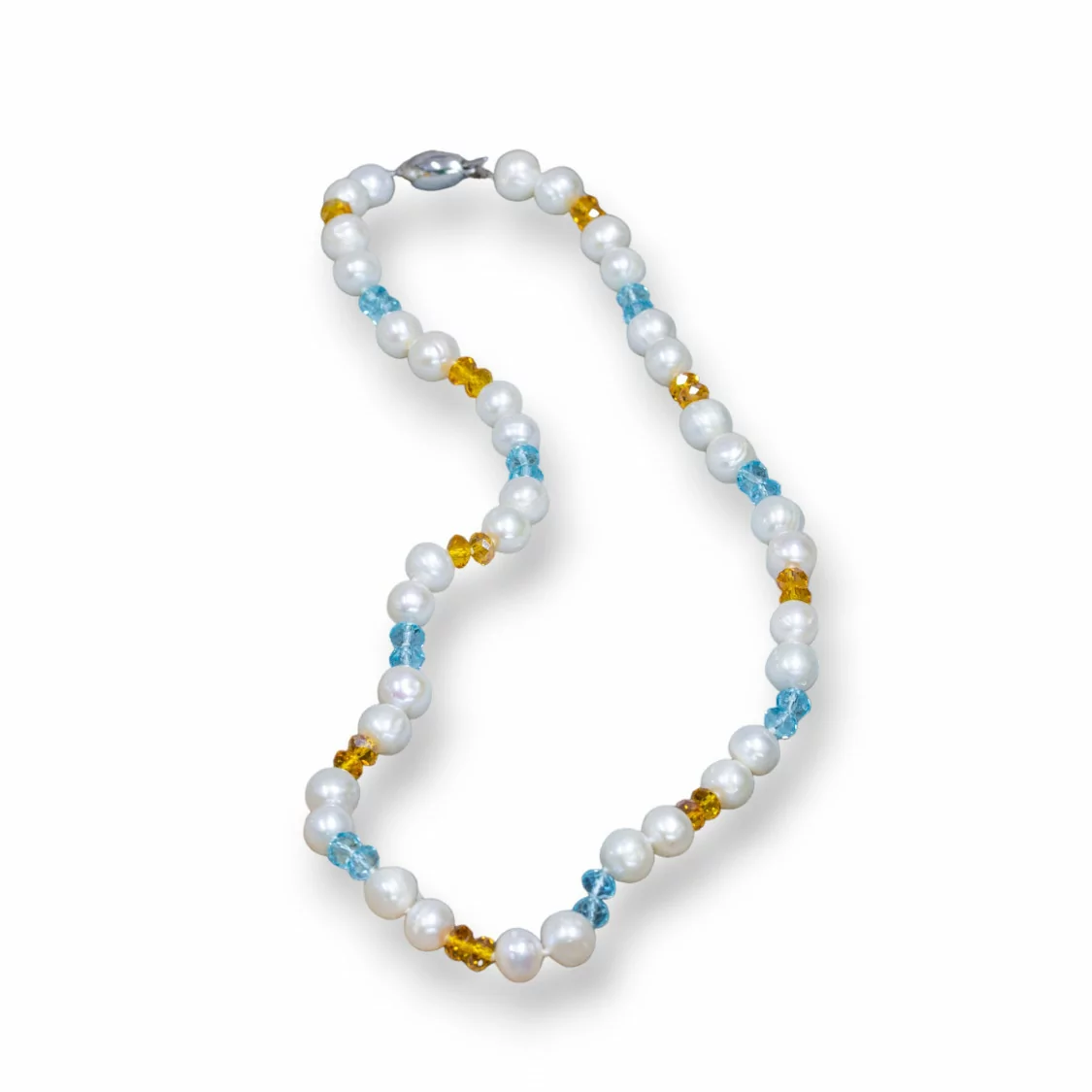 Collana Di Argento 925 Con Chiusura Ovale Perle Di Fiume E Zirconi Citrino E Celeste 50.5cm-COLLANE DI ARGENTO 925 | Worldofjewel.com