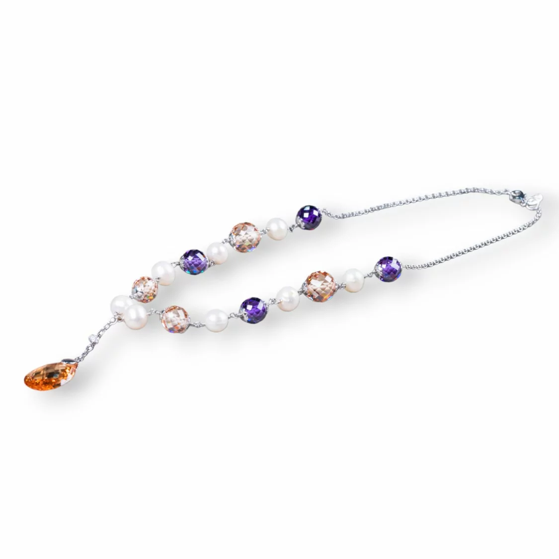 Collana Di Argento 925 Con Catena Di Perle di Fiume E Zirconi Sfaccettati Arancio E Viola 46cm + Pendente 4,7cm-COLLANE DI ARGENTO 925 | Worldofjewel.com