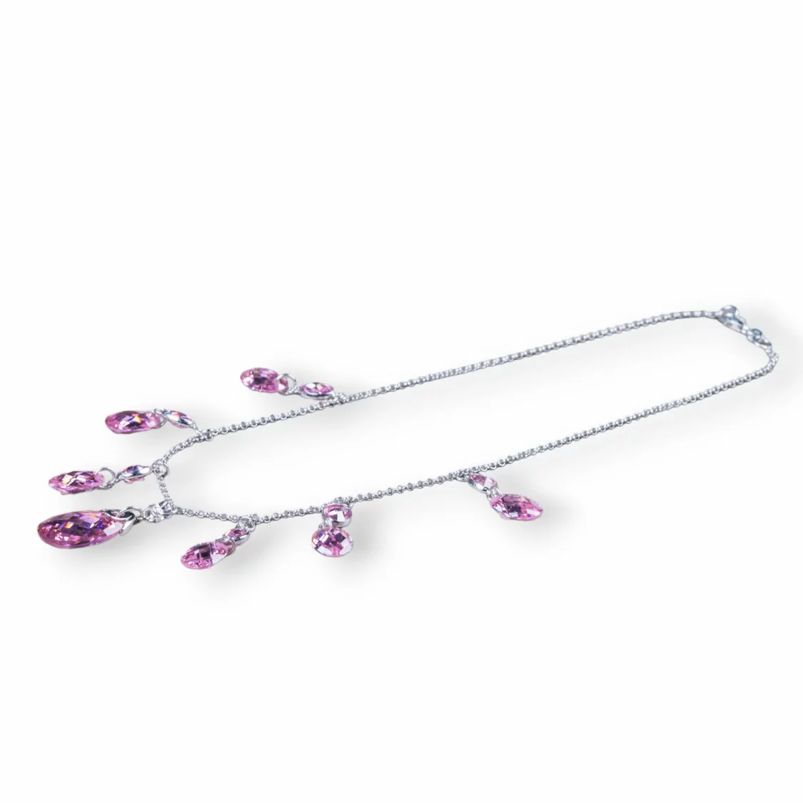 Collana Di Argento 925 Con Catena E Pendenti Di Zirconi Rosa 43cm Con Centrale A Goccia 2,5cm-OFFERTE COLLANE | Worldofjewel.com