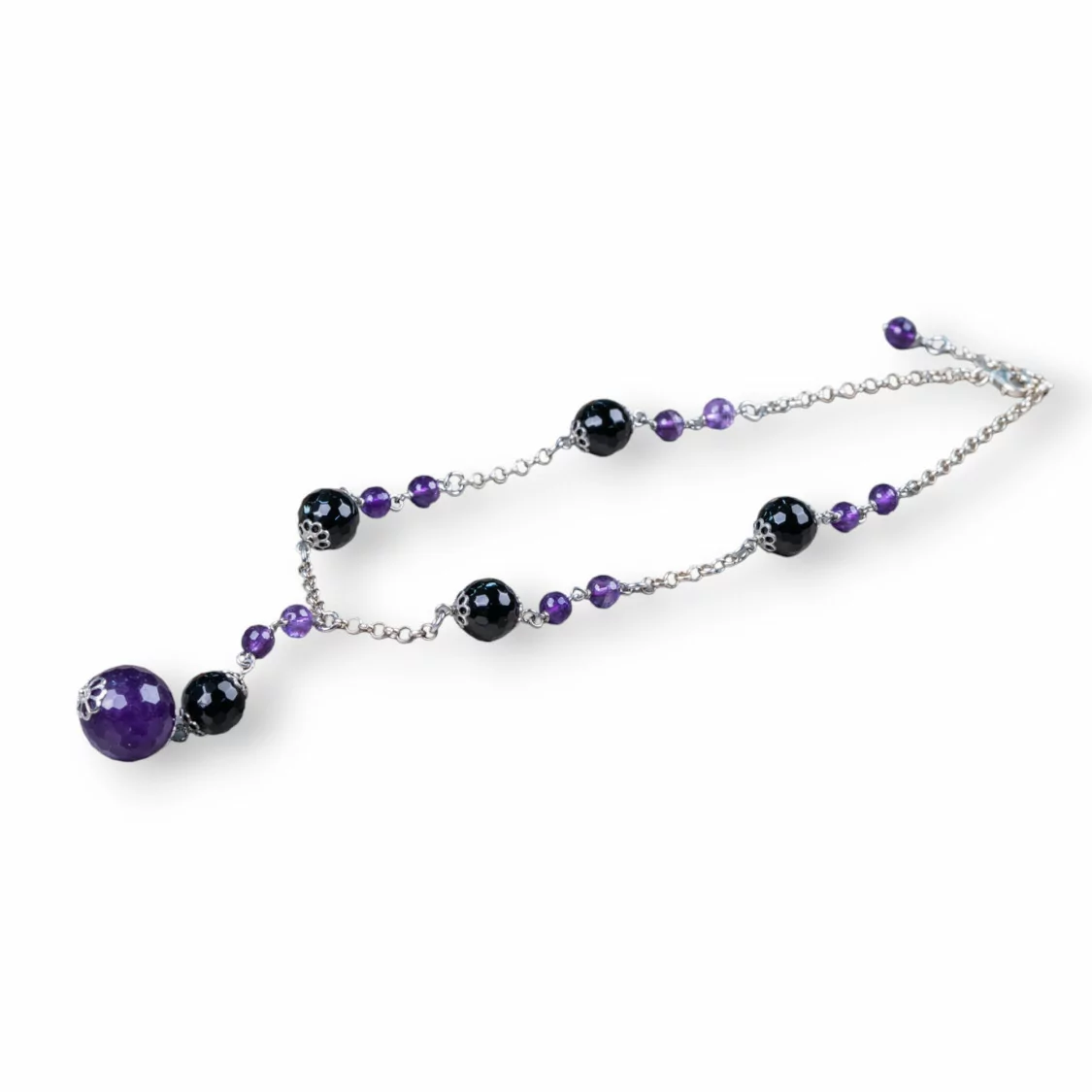 Collana Di Argento 925 Con Catena Rolò E Sfere Di Ametista E Onice Sfaccettato 41cm + 3cm Con Pendente 6cm-COLLANE DI ARGENTO 925 | Worldofjewel.com