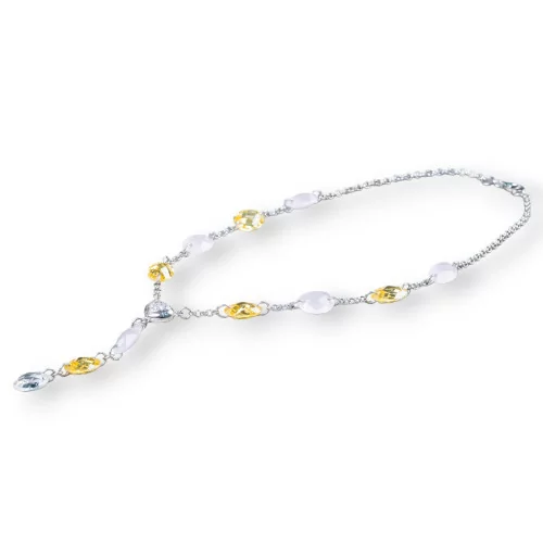 Collana Di Argento 925 Con Catena Rolò E Zirconi Ovali Giallo E Rosa Con Centrale Cuore 44cm E Pendente 7cm-OFFERTE COLLANE | Worldofjewel.com