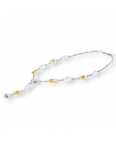 Collana Di Argento 925 Con Catena Rolò E Zirconi Ovali Giallo E Rosa Con Centrale Cuore 44cm E Pendente 7cm-OFFERTE COLLANE | Worldofjewel.com