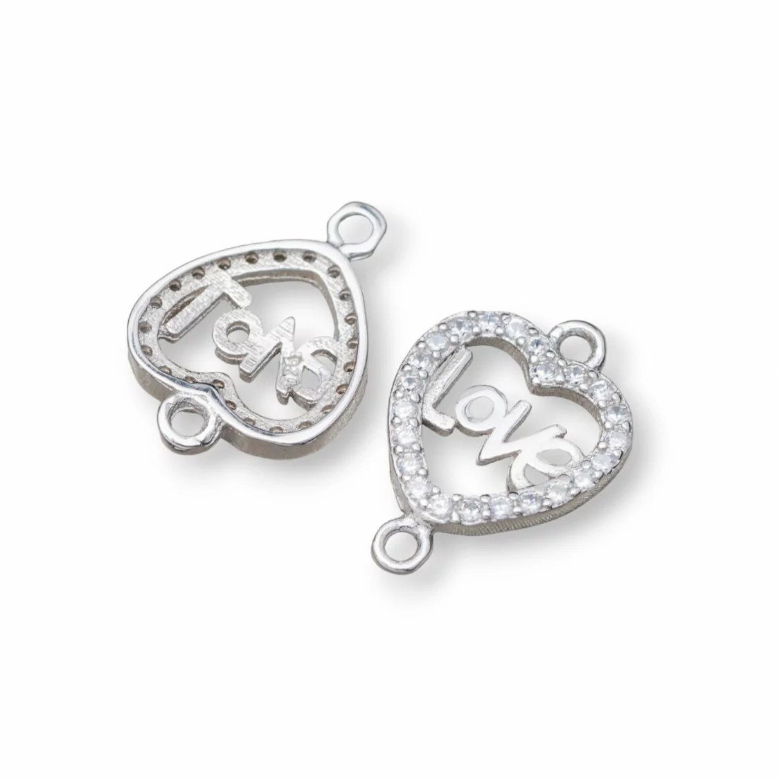 Componente Connettore Di Argento 925 Con Zirconi Con 2 Anellini Cuore Love 11mm Rodiato 10pz-CONNETTORI PAVE' | Worldofjewel.com