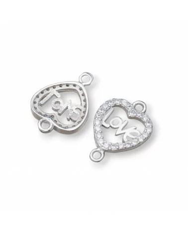 Componente Connettore Di Argento 925 Con Zirconi Con 2 Anellini Cuore Love 11mm Rodiato 10pz-CONNETTORI PAVE' | Worldofjewel.com