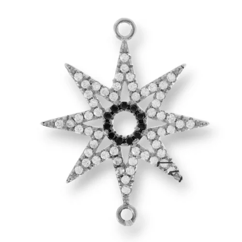 Componente Connettore Di Argento 925 Con Zirconi Stella A 8 Punte Con 2 Anellini 20mm 4pz Rodiato-CONNETTORI PAVE' | Worldofjewel.com