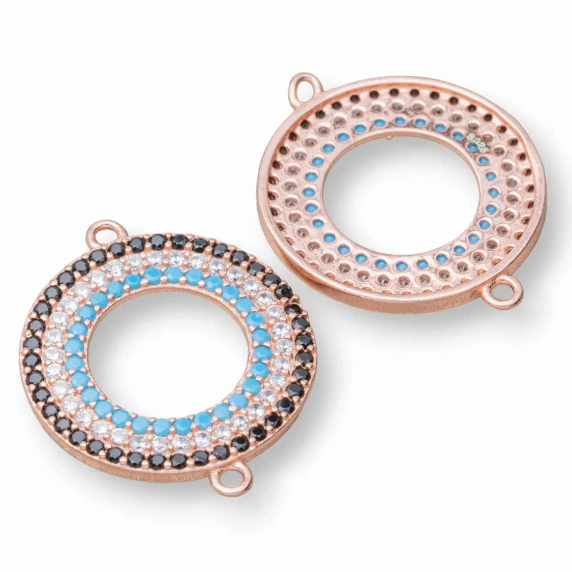 Componente Connettore Di Argento 925 Con Zirconi Micropave Tondo Ciambella Con 2 Anellini 17mm 4pz Oro Rosa-CONNETTORI PAVE' | Worldofjewel.com