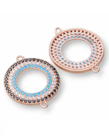 Componente Connettore Di Argento 925 Con Zirconi Micropave Tondo Ciambella Con 2 Anellini 17mm 4pz Oro Rosa-CONNETTORI PAVE' | Worldofjewel.com