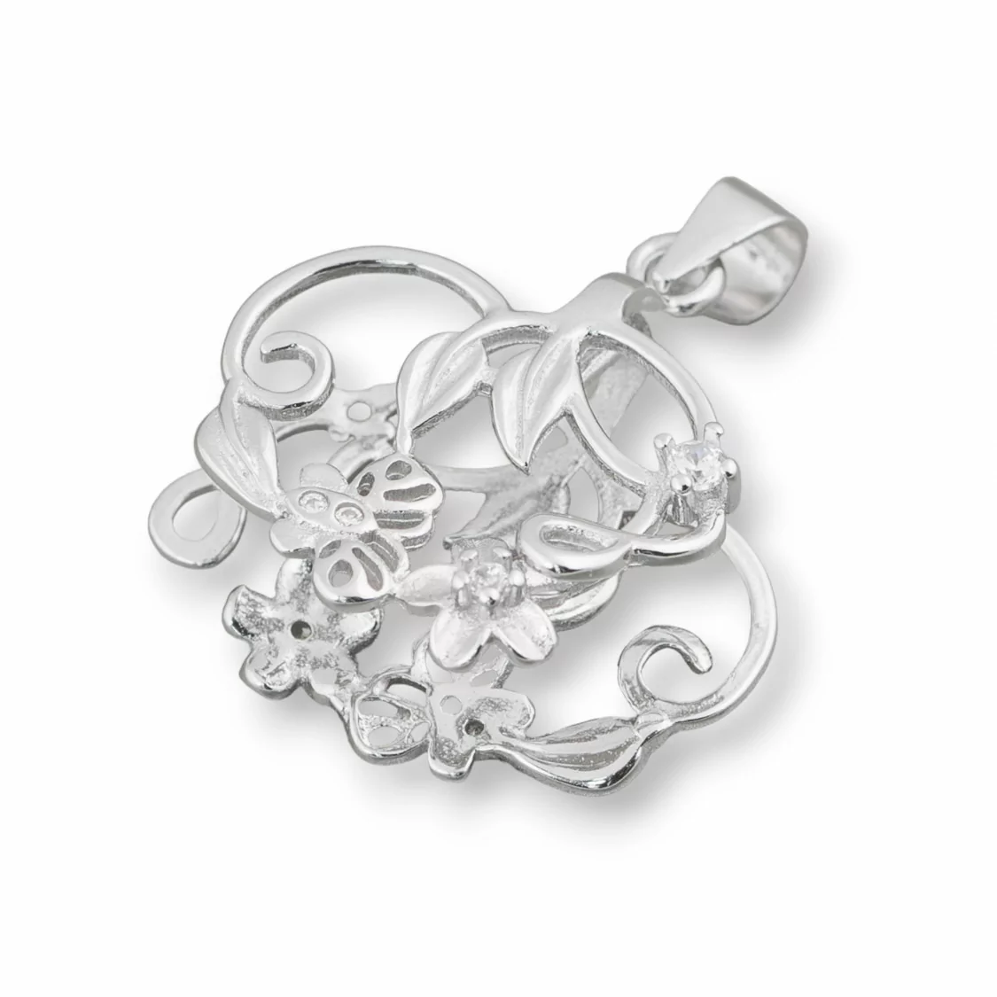 Gancio Per Pendente Di Argento 925 Con Zirconi Fiori E Farfalle 22x25mm 2pz Rodiato Bianco-BASI PER PENDENTI | Worldofjewel.com