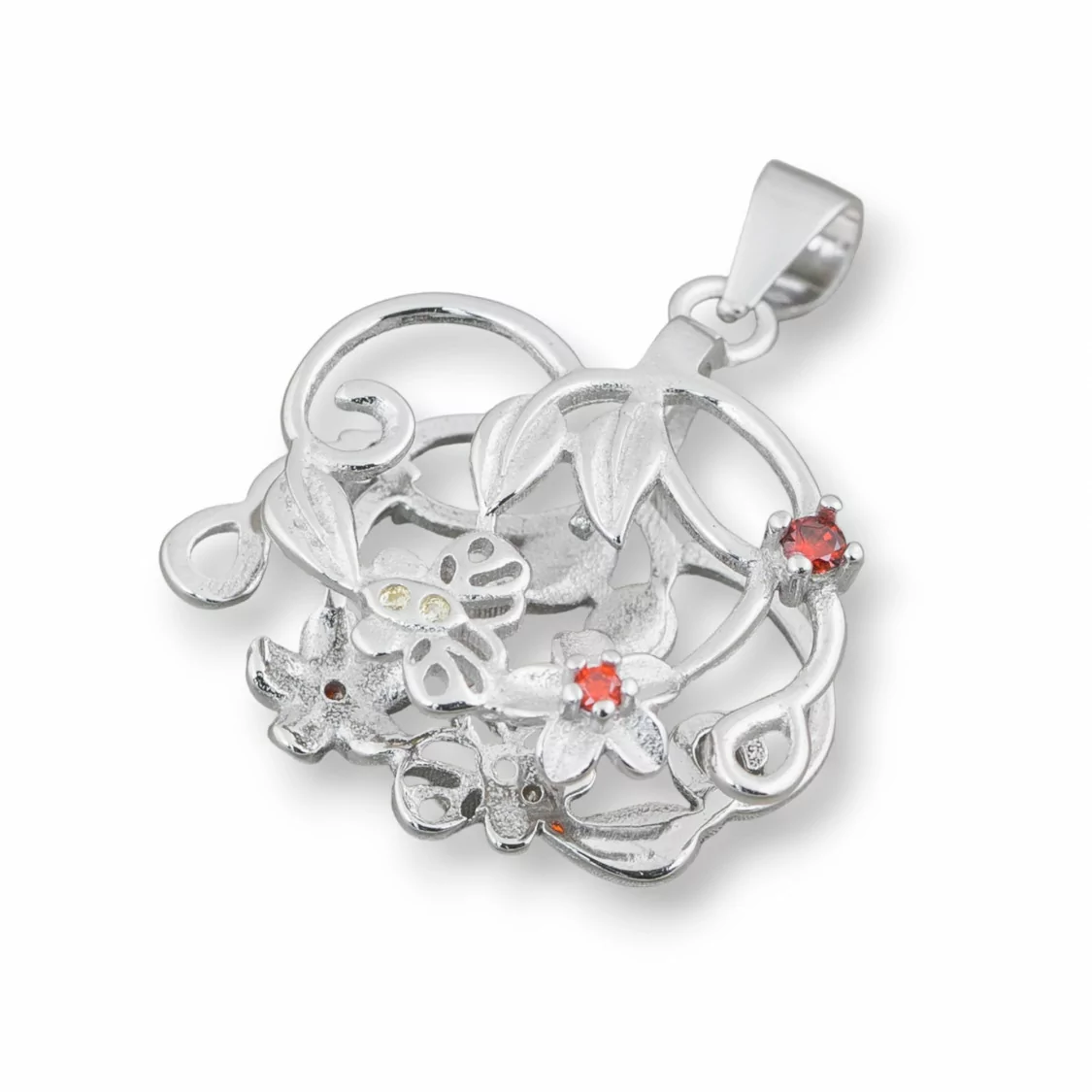 Gancio Per Pendente Di Argento 925 Con Zirconi Fiori E Farfalle 22x25mm 2pz Rodiato Rosso-BASI PER PENDENTI | Worldofjewel.com