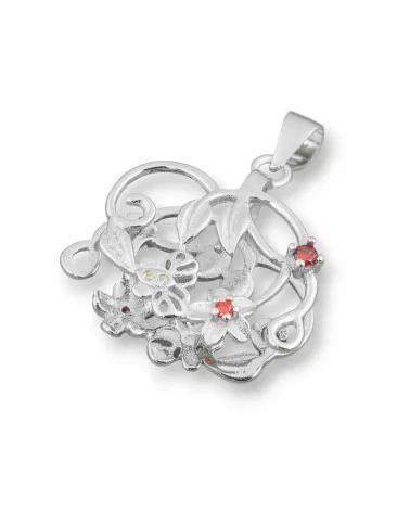 Gancio Per Pendente Di Argento 925 Con Zirconi Fiori E Farfalle 22x25mm 2pz Rodiato Rosso-BASI PER PENDENTI | Worldofjewel.com