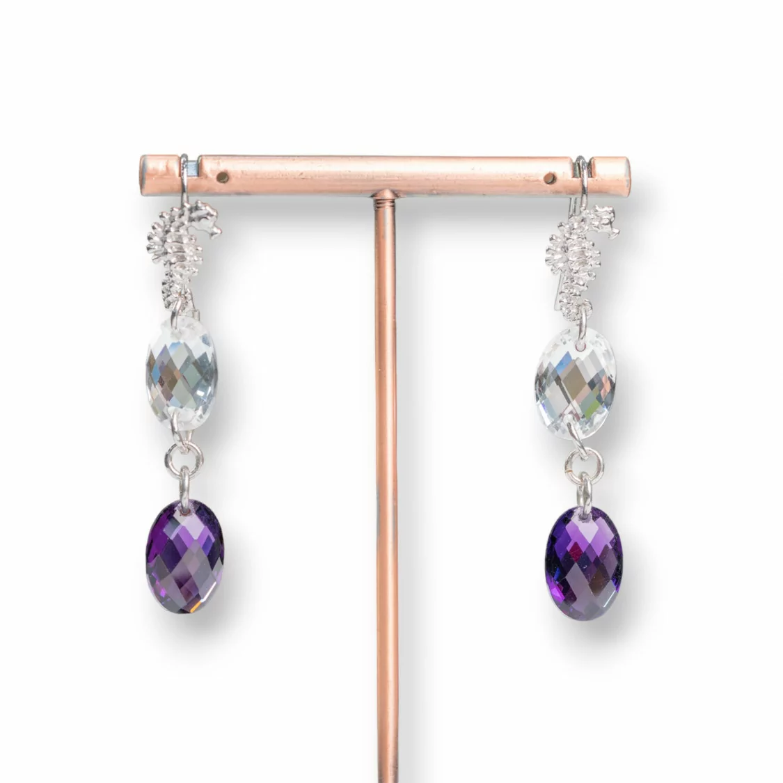 Orecchini A Monachella Di Argento 925 Cavalluccio Marino Con Zirconi Ovali Bianco E Viola 10x56mm-ARGENTO 925 DESIGN ITALY | Worldofjewel.com