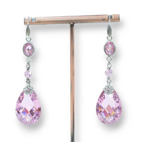 Orecchini A Monachella Di Argento 925 Con Cubic Zirconia Rosa E Pendente A Goccia 16x68mm-ARGENTO 925 DESIGN ITALY | Worldofjewel.com