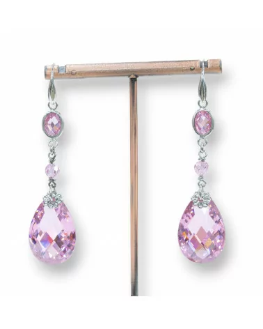 Orecchini A Monachella Di Argento 925 Con Cubic Zirconia Rosa E Pendente A Goccia 16x68mm-ARGENTO 925 DESIGN ITALY | Worldofjewel.com