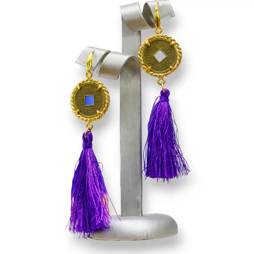 Orecchini A Monachella Di Ottone Con Monete Antiche E Nappine Viola-BRONZO FANTASIA | Worldofjewel.com