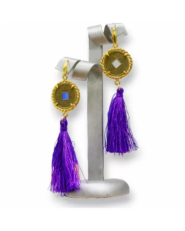 Orecchini A Monachella Di Ottone Con Monete Antiche E Nappine Viola-BRONZO FANTASIA | Worldofjewel.com