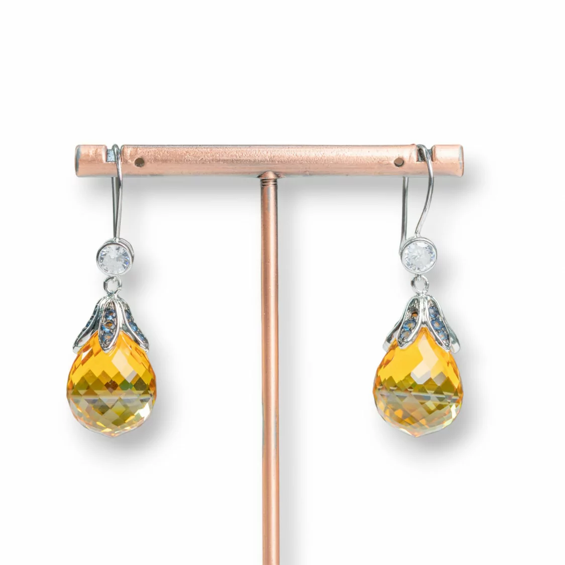 Orecchini A Monachella Di Argento 925 Goccia Con Coppetta Foglie E Cubic Zirconia Arancio 14x47mm-ARGENTO 925 DESIGN ITALY | Worldofjewel.com