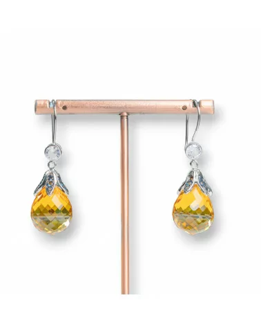 Orecchini A Monachella Di Argento 925 Goccia Con Coppetta Foglie E Cubic Zirconia Arancio 14x47mm-ARGENTO 925 DESIGN ITALY | Worldofjewel.com