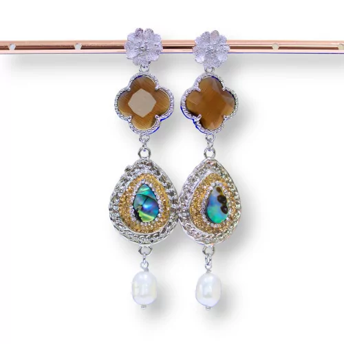 Orecchini A Perno Di Bronzo Con Occhio Di Gatto E Marcasite Strass Con Abalone E Perle Di Fiume-BRONZO CRYSTAL | Worldofjewel.com