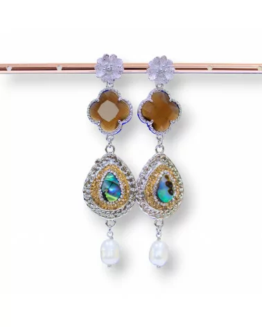 Orecchini A Perno Di Bronzo Con Occhio Di Gatto E Marcasite Strass Con Abalone E Perle Di Fiume-BRONZO CRYSTAL | Worldofjewel.com