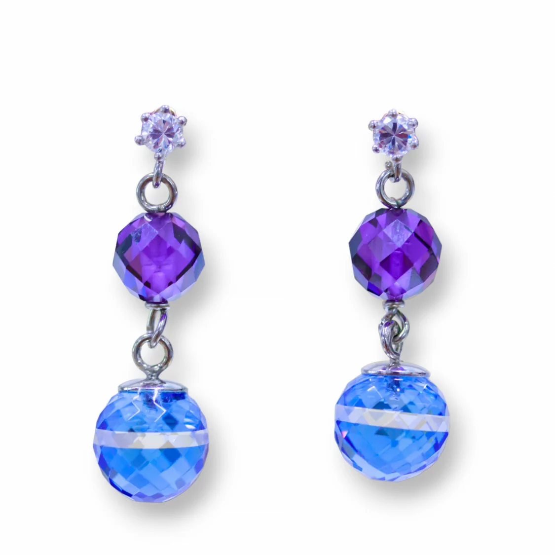 Orecchini A Perno Di Argento 925 Con Punto Luce e Zirconi Sfera Viola E Azzurro 10x33mm-ARGENTO 925 DESIGN ITALY | Worldofjewel.com