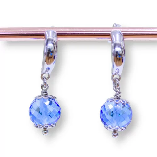 Orecchini A Perno Di Argento 925 Con Zirconi Sfera Indaco E Coppette Fiore Traforato 10x33mm-ARGENTO 925 DESIGN ITALY | Worldofjewel.com