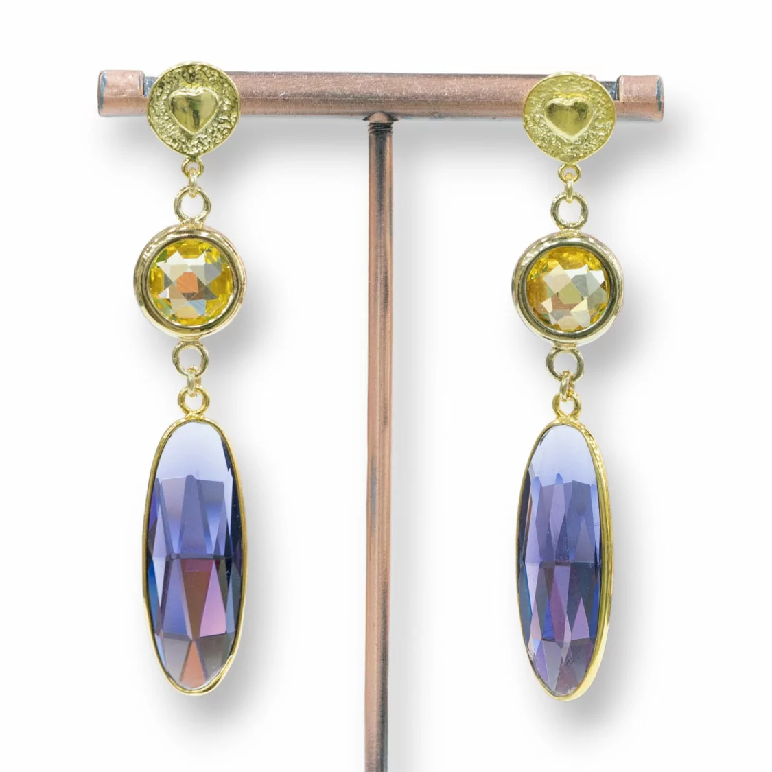 Orecchini A Perno Di Argento 925 Con Cubic Zirconia 12x66mm Dorato Giallo-Viola-ARGENTO 925 DESIGN ITALY | Worldofjewel.com