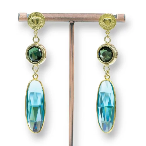 Orecchini A Perno Di Argento 925 Con Cubic Zirconia 12x66mm Dorato Verde-Azzurro-ARGENTO 925 DESIGN ITALY | Worldofjewel.com