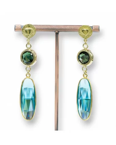 Orecchini A Perno Di Argento 925 Con Cubic Zirconia 12x66mm Dorato Verde-Azzurro-ARGENTO 925 DESIGN ITALY | Worldofjewel.com