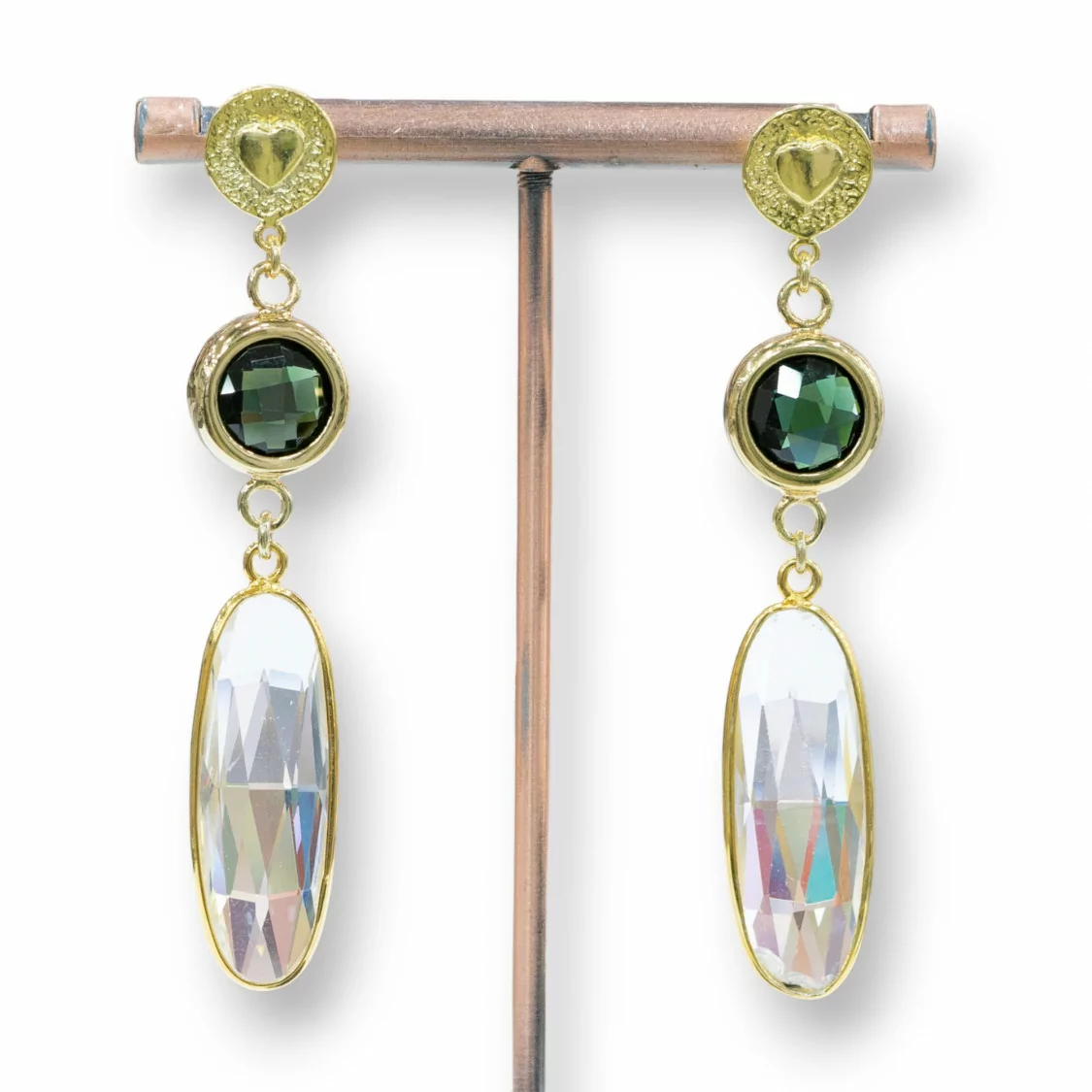 Orecchini A Perno Di Argento 925 Con Cubic Zirconia 12x66mm Dorato Verde-Trasparente-ARGENTO 925 DESIGN ITALY | Worldofjewel.com