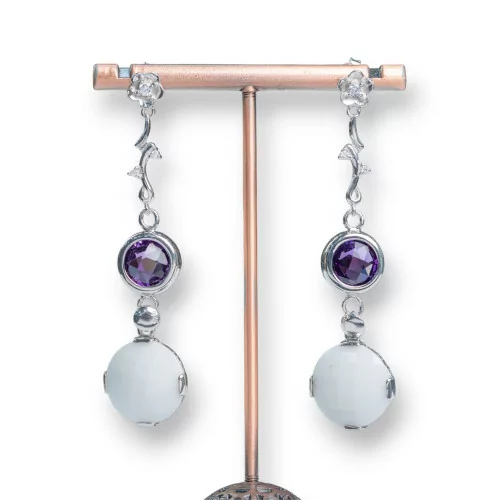 Orecchini A Perno Di Argento 925 Con Rami E Zirconi Viola Con Goccia Di Agata Bianca 17x60mm-ARGENTO 925 DESIGN ITALY | Worldofjewel.com