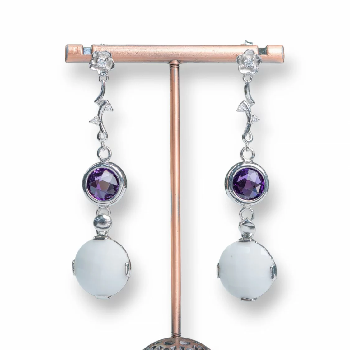 Orecchini A Perno Di Argento 925 Con Rami E Zirconi Viola Con Goccia Di Agata Bianca 17x60mm-ARGENTO 925 DESIGN ITALY | Worldofjewel.com