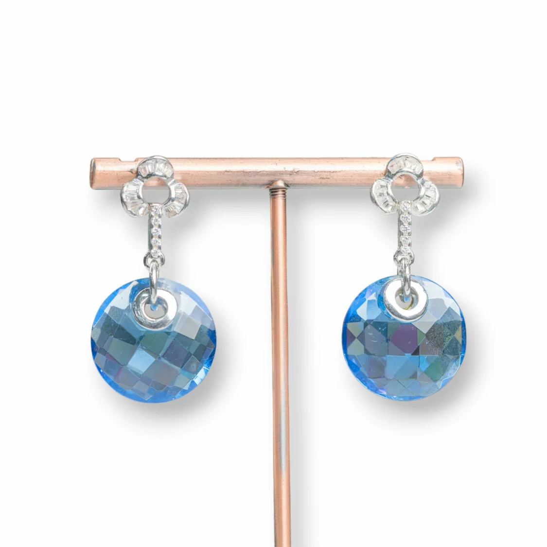 Orecchini A Perno Di Argento 925 Con Zirconi E Pendente Tondo Blu Indaco 20x40mm-ARGENTO 925 DESIGN ITALY | Worldofjewel.com