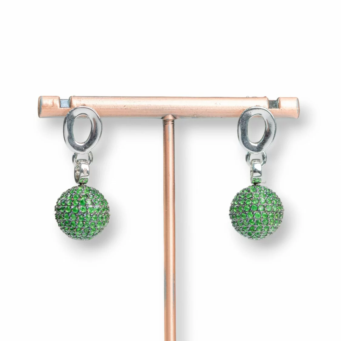 Orecchini A Perno Di Argento 925 Ovale Con Sfera Di Zirconi Verdi 12x30mm-ARGENTO 925 DESIGN ITALY | Worldofjewel.com