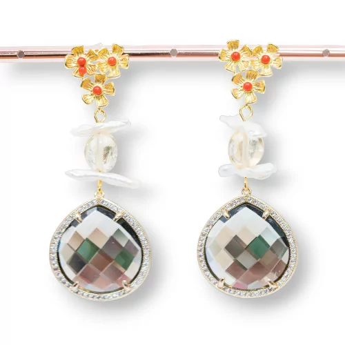 Orecchini A Perno Di Bronzo Con Pietre Dure Perle Di Fiume E Cabochon Di Occhio Di Gatto Incastonato Con Zirconi Fume'-BRONZO CRYSTAL | Worldofjewel.com