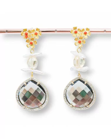 Orecchini A Perno Di Bronzo Con Pietre Dure Perle Di Fiume E Cabochon Di Occhio Di Gatto Incastonato Con Zirconi Fume'-BRONZO CRYSTAL | Worldofjewel.com