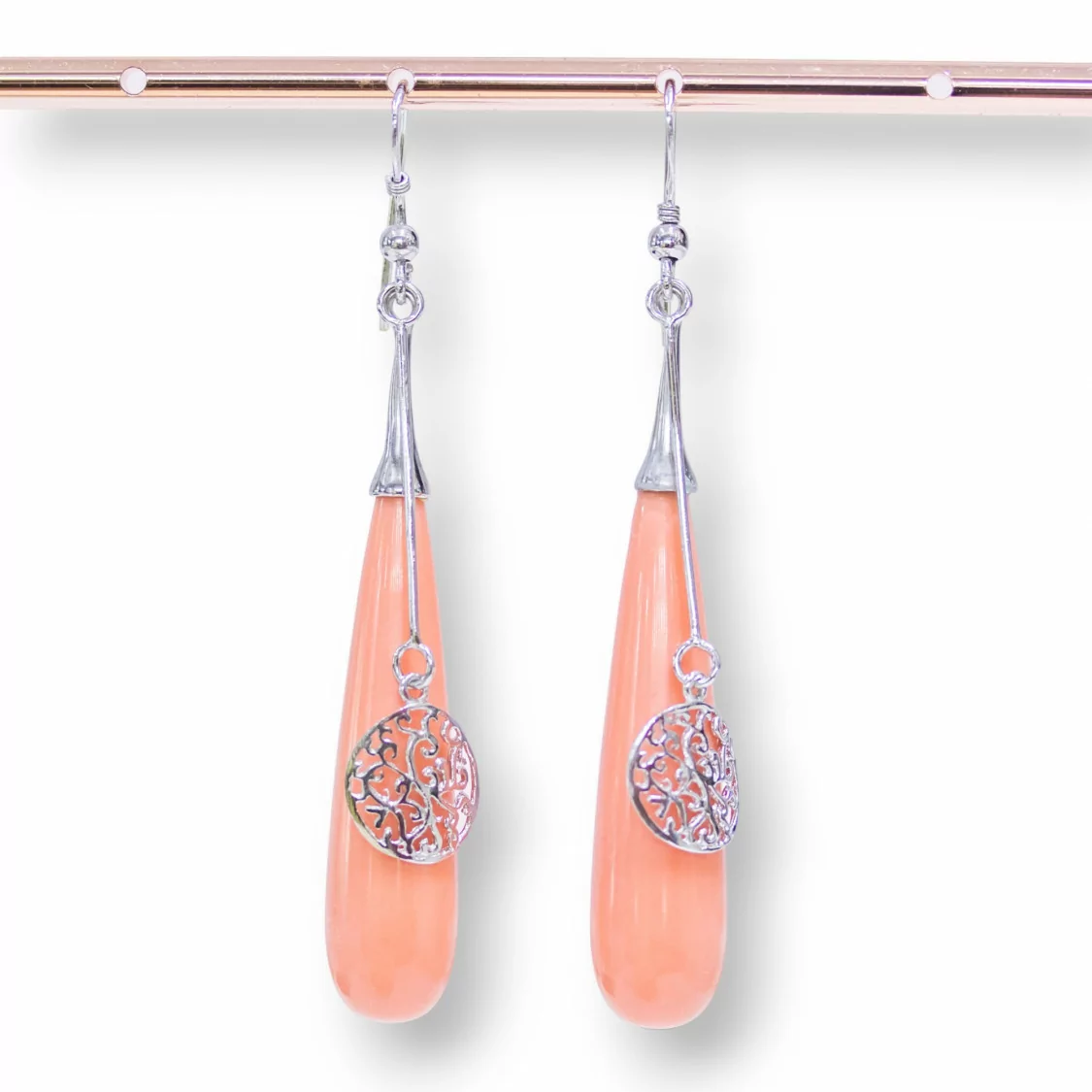 Orecchini Di Argento 925 A Monachella Con Gocce Di Pasta Di Corallo Rosa-ARGENTO 925 FANTASIA | Worldofjewel.com