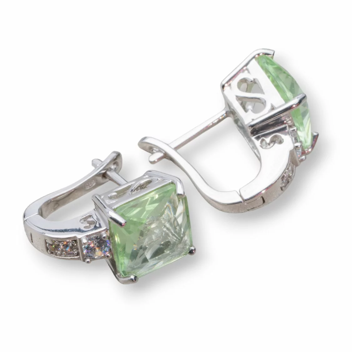 Orecchini Di Argento 925 Con Zirconi E Cabochon Di Topazio Termodiffuso 11x16mm Verde-ARGENTO 925 CRYSTAL | Worldofjewel.com