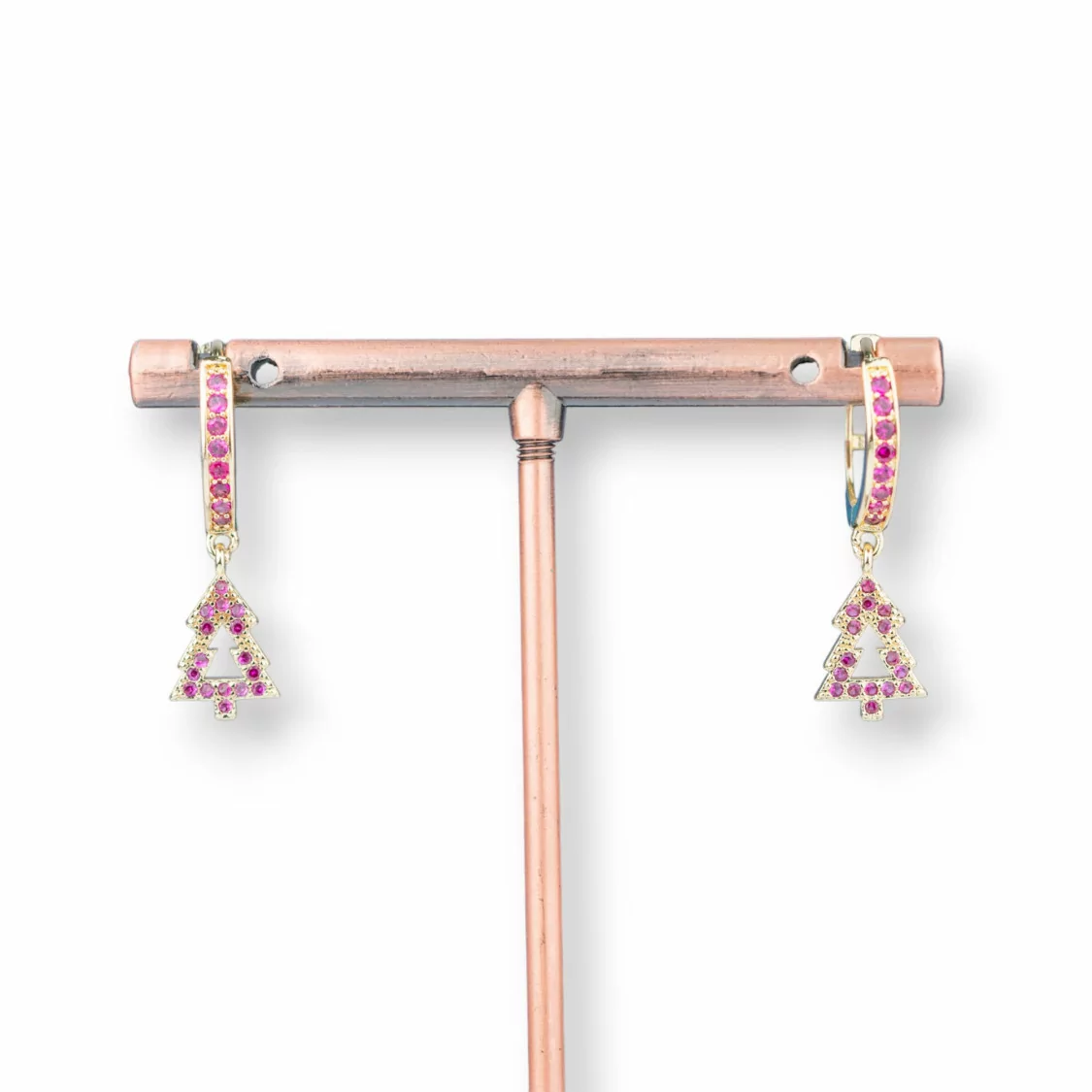 Orecchini Perno Di Bronzo Con Zirconi E Pendente Fantasia 9x26mm Albero Dorato Rosa-ORECCHINI DI BRONZO E ZIRCONI | Worldofjewel.com