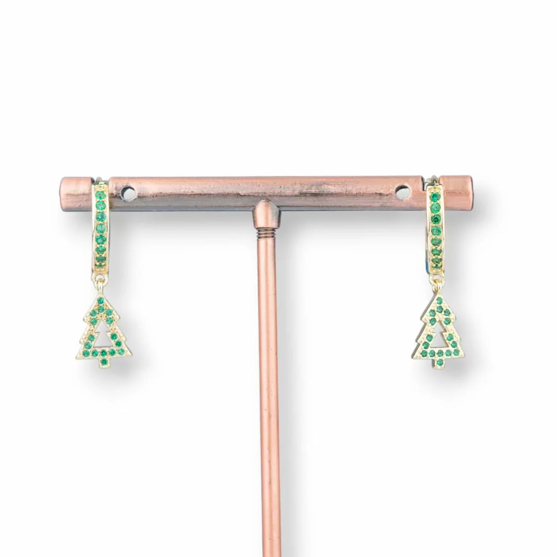 Orecchini Perno Di Bronzo Con Zirconi E Pendente Fantasia 9x26mm Albero Dorato Verde-ORECCHINI DI BRONZO E ZIRCONI | Worldofjewel.com