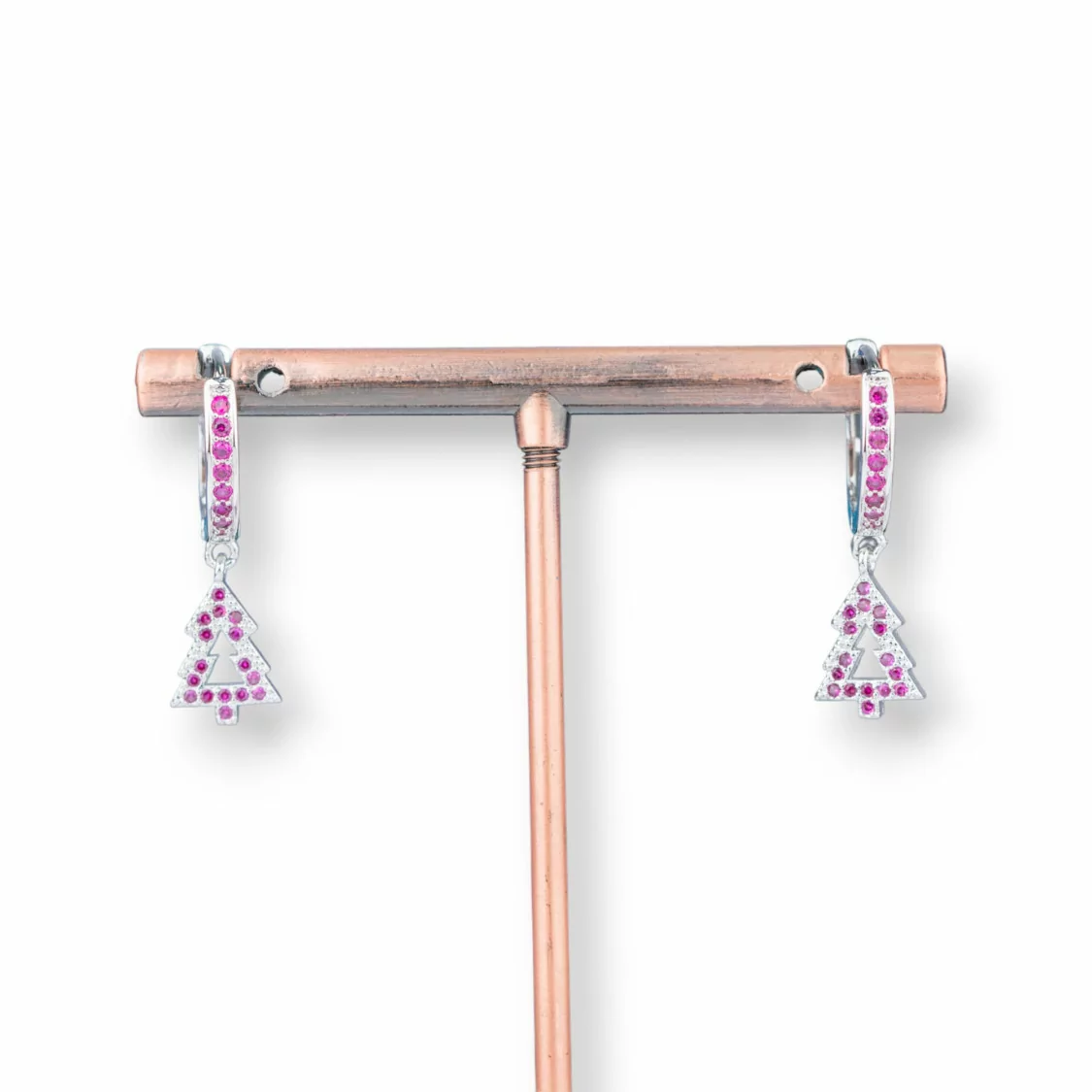 Orecchini Perno Di Bronzo Con Zirconi E Pendente Fantasia 9x26mm Albero Rodiato Rosa-ORECCHINI DI BRONZO E ZIRCONI | Worldofjewel.com