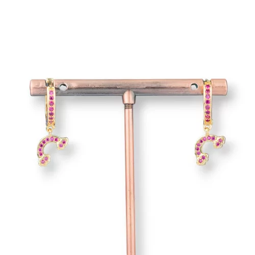 Orecchini Perno Di Bronzo Con Zirconi E Pendente Fantasia 9x26mm Arcobaleno Dorato Rosa-ORECCHINI DI BRONZO E ZIRCONI | Worldofjewel.com