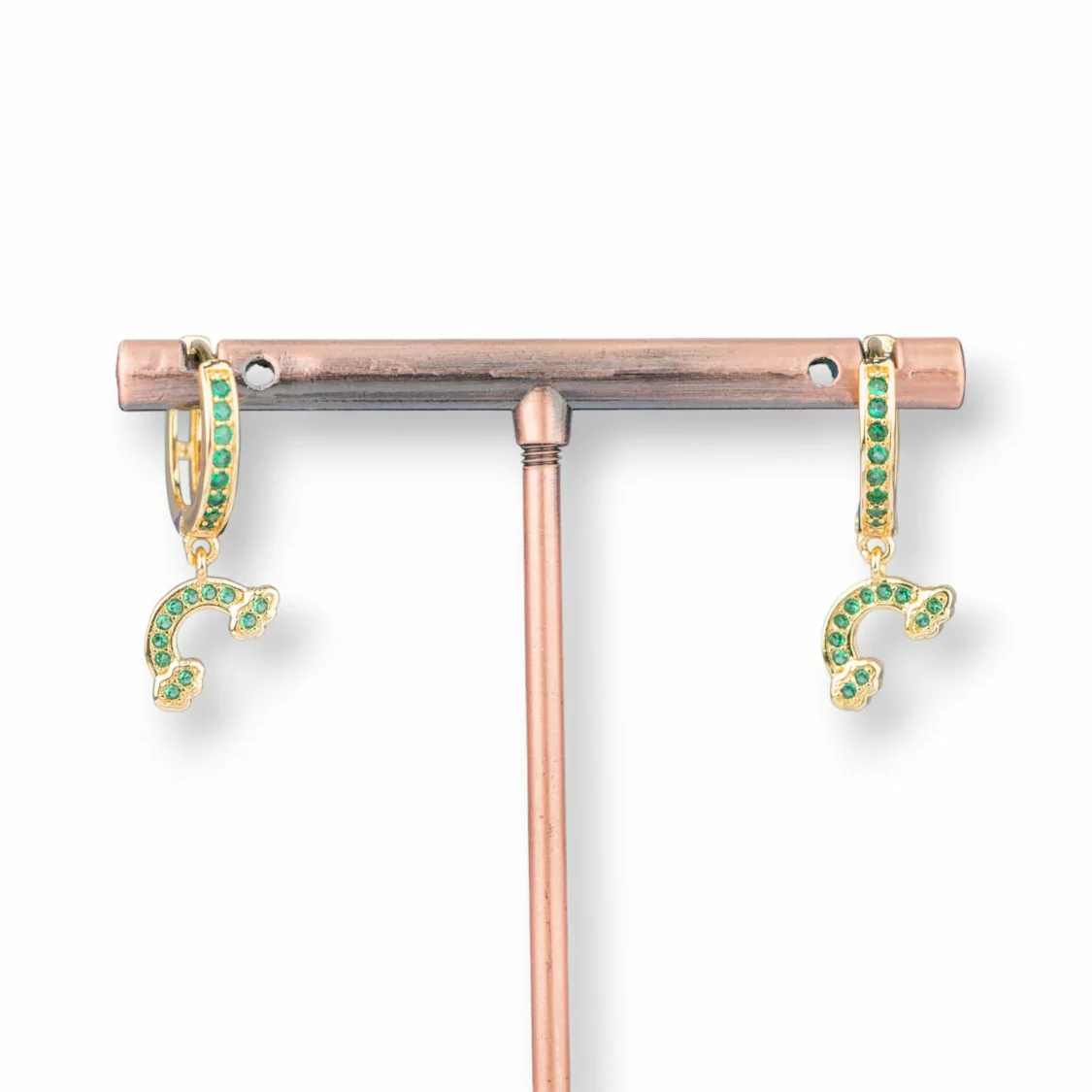 Orecchini Perno Di Bronzo Con Zirconi E Pendente Fantasia 9x26mm Arcobaleno Dorato Verde-ORECCHINI DI BRONZO E ZIRCONI | Worldofjewel.com