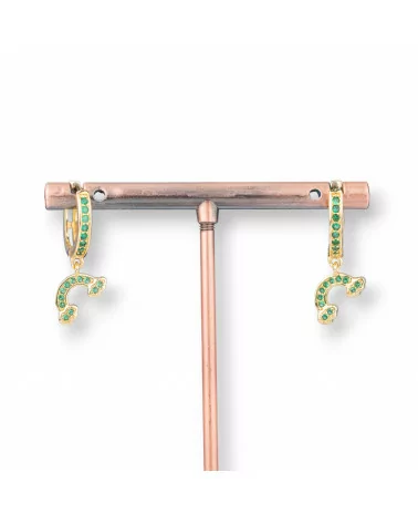 Orecchini Perno Di Bronzo Con Zirconi E Pendente Fantasia 9x26mm Arcobaleno Dorato Verde-ORECCHINI DI BRONZO E ZIRCONI | Worldofjewel.com