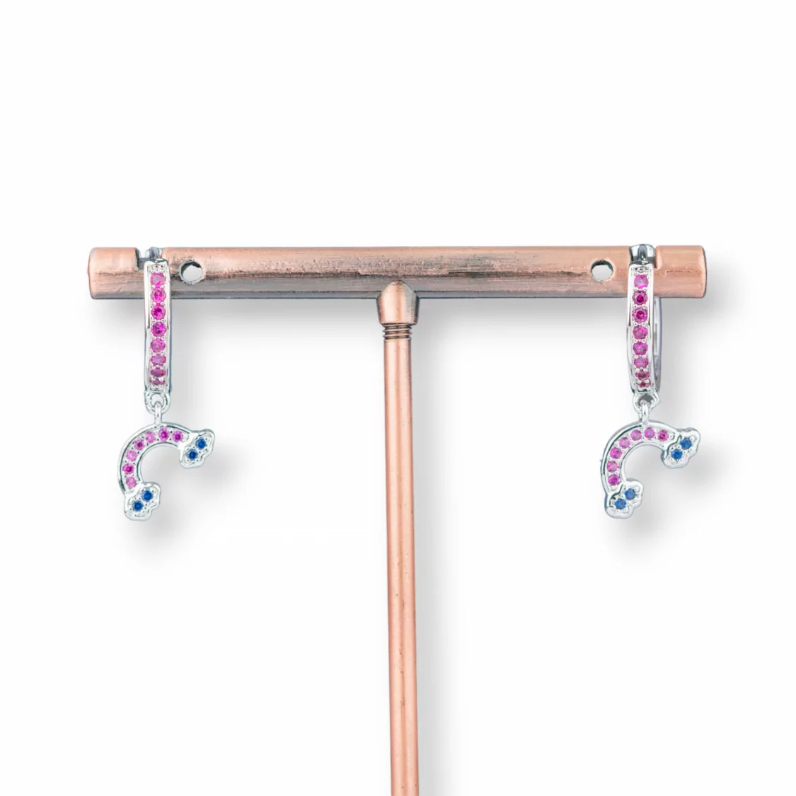 Orecchini Perno Di Bronzo Con Zirconi E Pendente Fantasia 9x26mm Arcobaleno Rodiato Rosa E Blu-ORECCHINI DI BRONZO E ZIRCONI | Worldofjewel.com